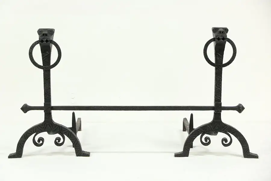 Main image of Pair of Giant Vintage Figural Wrought Iron Fireplace Andirons, 30" Tall
