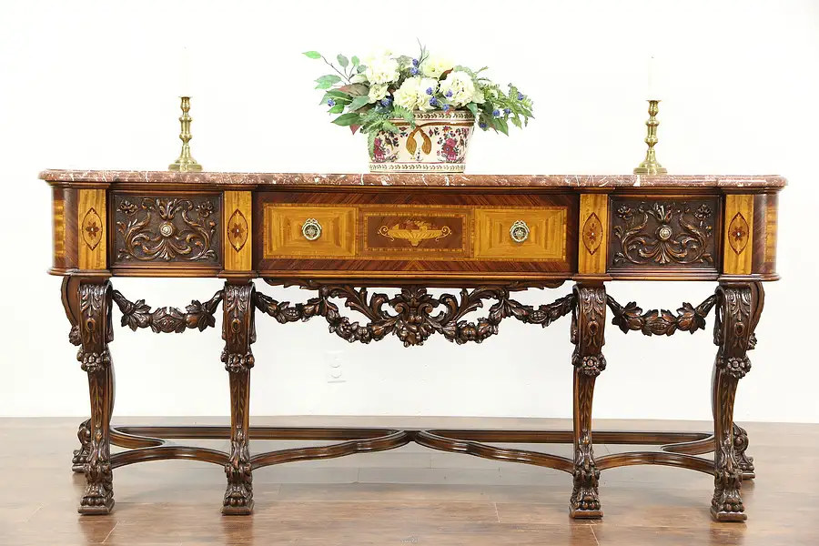 Main image of Renaissance Carved Antique Marble Top Marquetry Sideboard or Hall Console Table