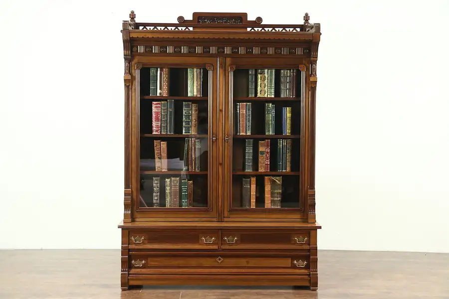 Main image of Victorian Eastlake 1880 Antique Cherry Library Bookcase