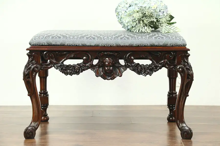 Main image of Carved Angel or Cherub Mahogany 1900 Antique Hall Bench, New Upholstery