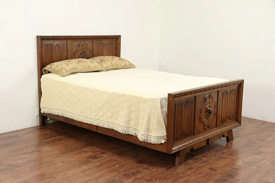 Main image of Oak Vintage Scandinavian Queen Size Bed, Carved Heads and Panels