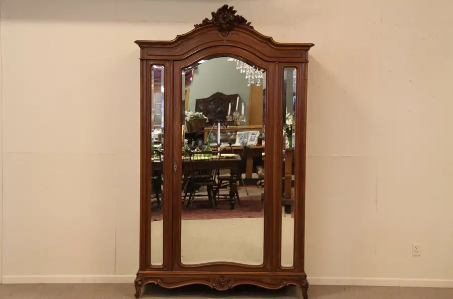 Main image of French Carved Armoire or Wardrobe, Beveled Mirrors