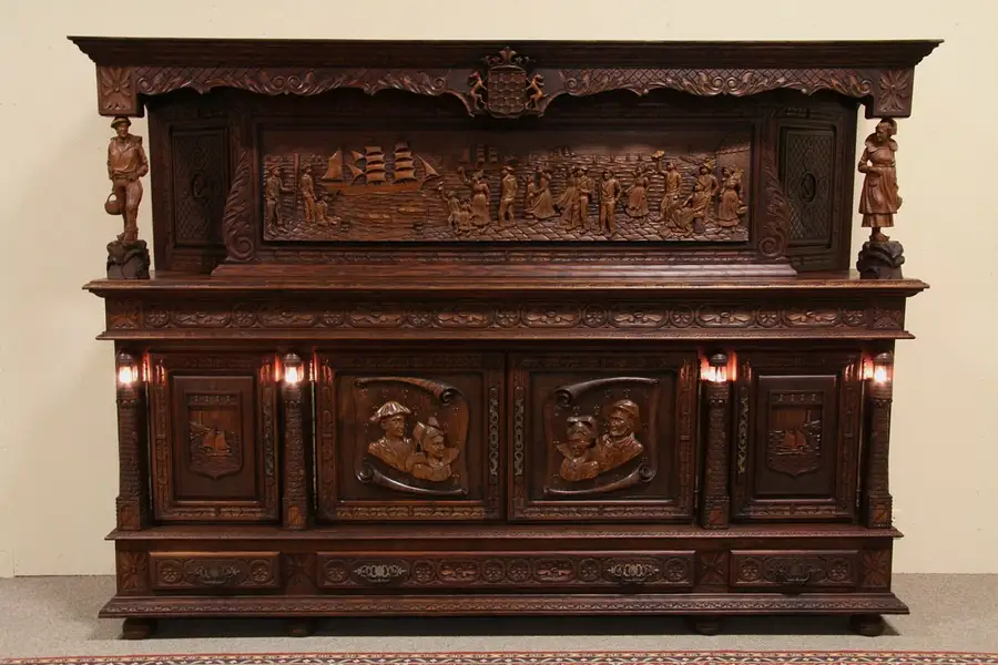 Main image of Brittany Back Bar Cabinet, Carved Lighthouses & Figures