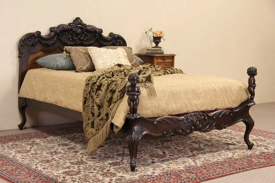 Main image of Italy Hand Carved Antique 1900 Full Size Bed, Angels or Cherubs & Capri Painting