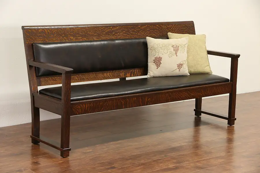 Main image of Railroad Station Arts & Crafts 1900 Antique Bench, Leather Upholstery