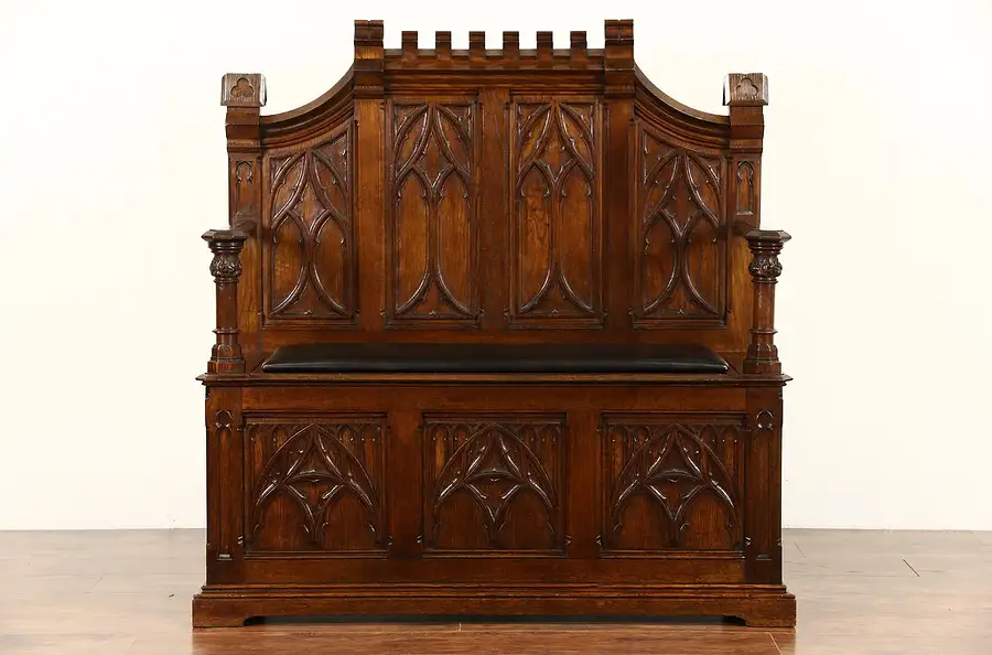 Main image of Gothic Carved Oak 1890 Antique Hall Bench, Leather Seat, Holland