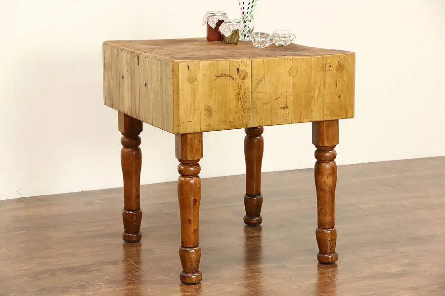 Main image of Butcher Antique 1900 Chopping Block, Kitchen Island or Wine & Appetizer Table