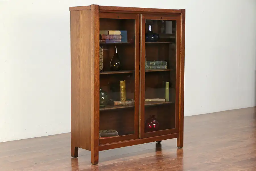 Main image of Arts & Crafts Mission Oak Antique Craftsman Bookcase, Sliding Glass Doors