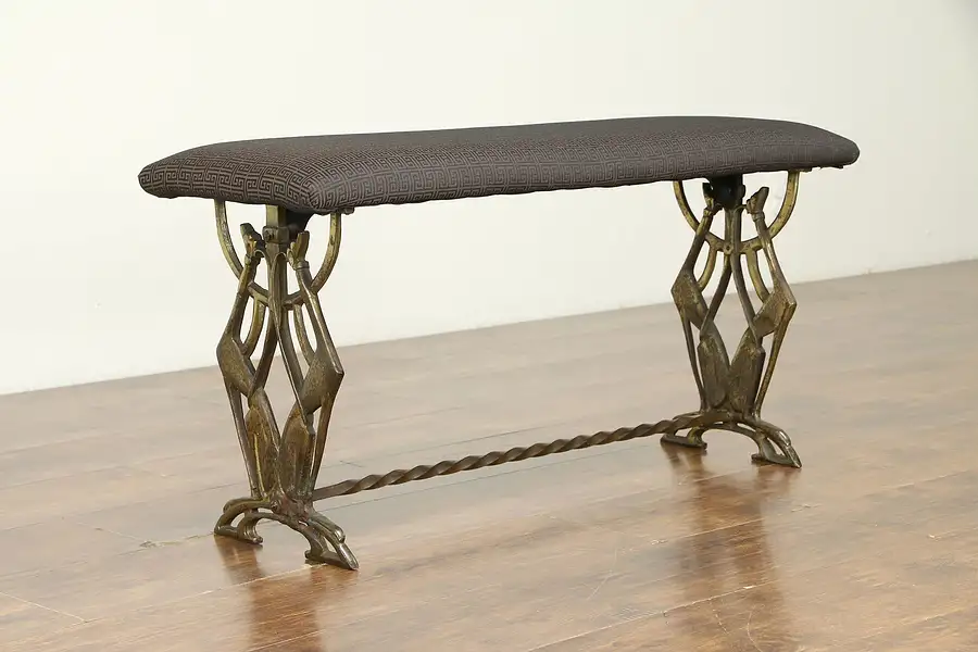 Main image of Art Deco 1930 Vintage Iron Bench, Greyhound Dogs, New Upholstery