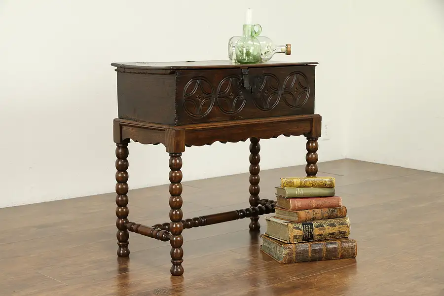 Main image of English Oak Antique 1760 Document or Treasure Box & Later Stand