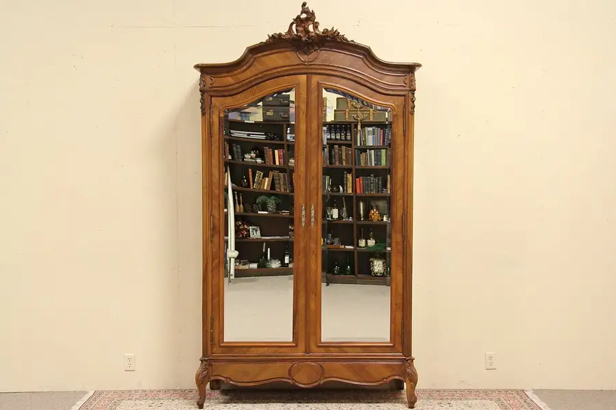 Main image of French Carved 1890 Antique Armoire, Beveled Mirrors