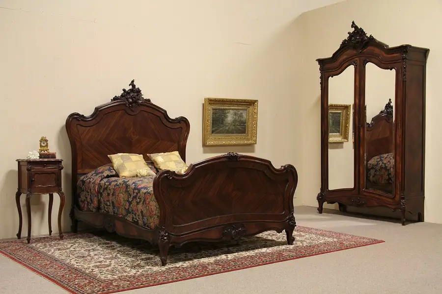 Main image of French Carved Rosewood Antique Full Size Bedroom Set, Armoire and Nightstand