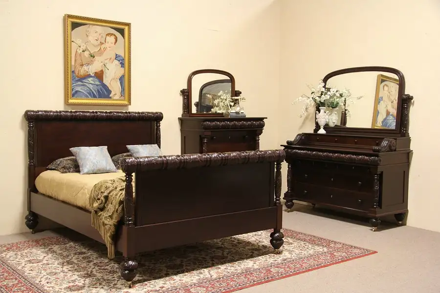 Main image of Tobey of Chicago Carved Mahogany Empire Queen Size 3 Pc. Bedroom Set