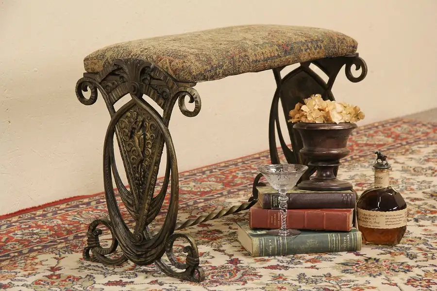 Main image of Art Deco Antique 1920's Cast Iron Harlequin Upholstered Bench