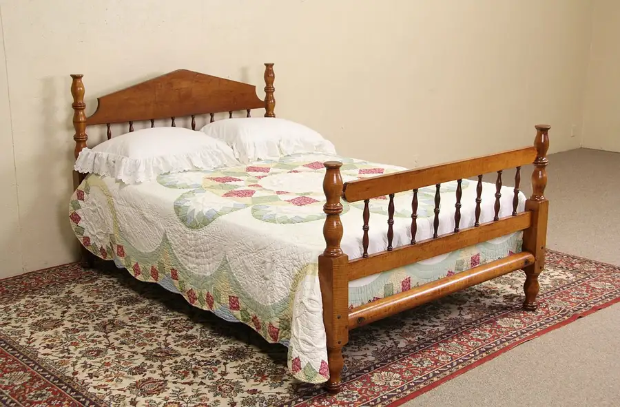 Main image of New England Cherry & Curly Tiger Maple 1830's Full Size Rope Bed