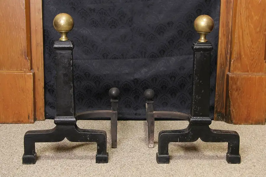 Main image of Pair of Adams 1900 Antique Brass & Iron Fireplace Andirons