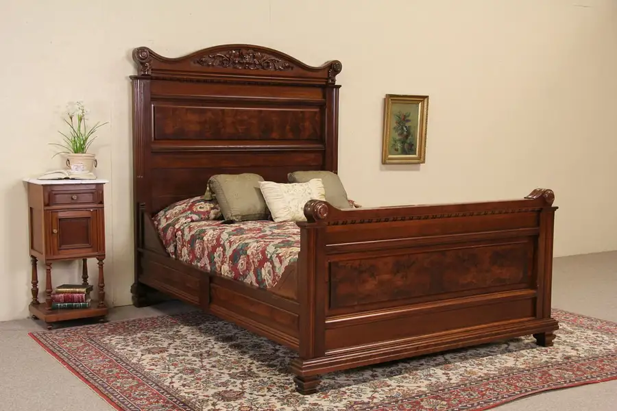 Main image of Victorian 1880 Antique Queen Size Carved Walnut Bed