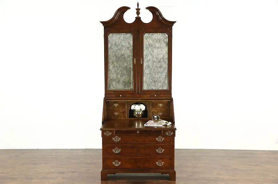 Main image of Baker Signed Georgian Style Vintage Secretary Desk & Bookcase, Mirror Doors
