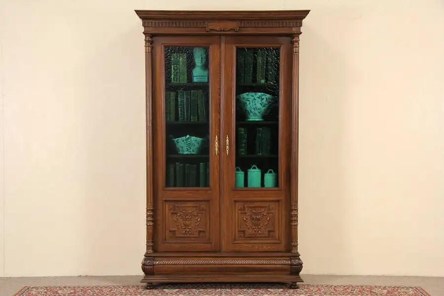 Main image of Carved Oak 1880 Antique Northern Europe Bookcase, Stained Glass Doors