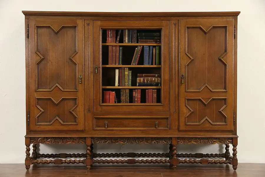 Main image of Dutch Renaissance Carved Oak 1920 Antique Bookcase or China Cabinet