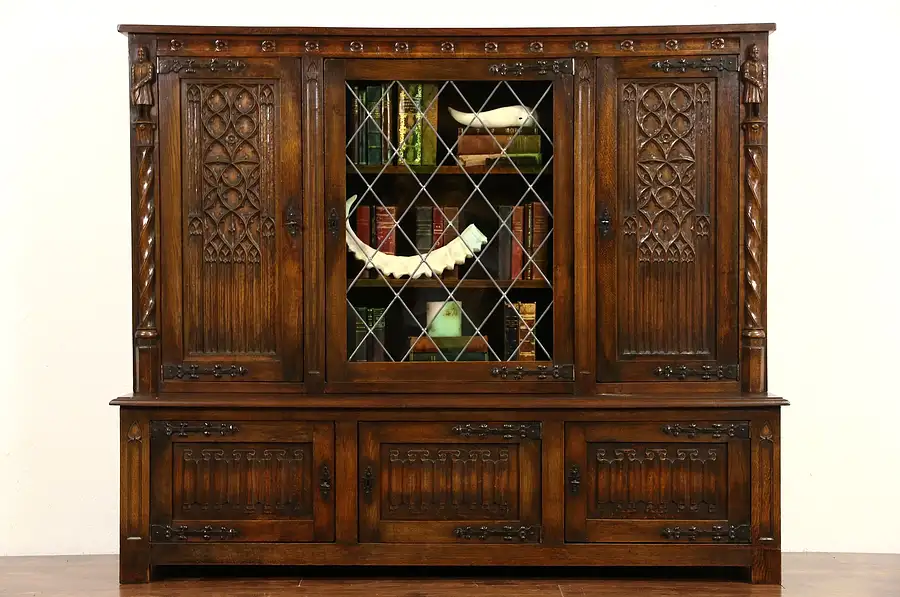 Main image of Gothic 1910 Antique Oak Dutch Bookcase or China Cabinet, Leaded Glass, Figures