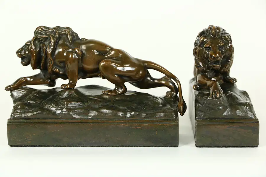 Main image of Pair of Lion Sculptures or Bookends, 1920 Antiques Signed Jennings Bros.