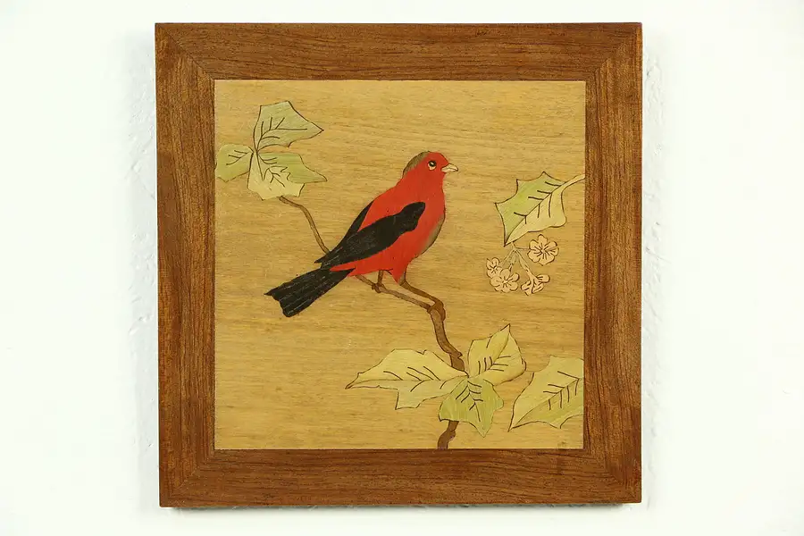Main image of Scarlet Tanager Bird Plaque, 1940's Vintage Inlaid Marquetry, Kochton Chicago