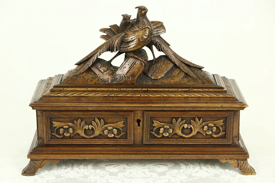 Main image of French Antique 1880's Jewelry Chest or Treasure Box, Pheasant Pair Sculpture