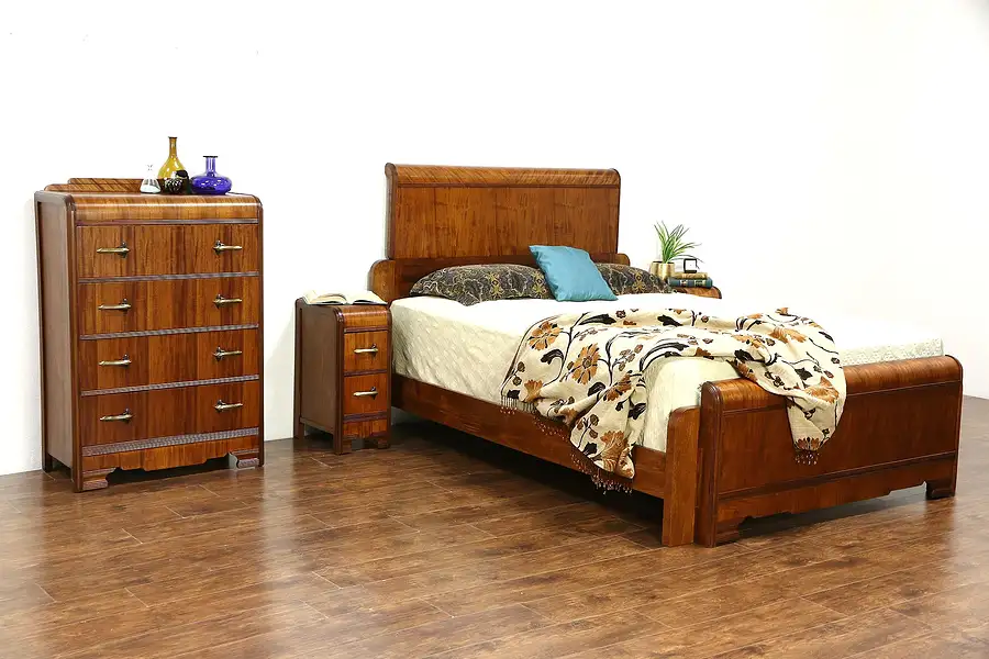Main image of Art Deco Waterfall 1930's Vintage 4 Pc. Bedroom Set, Queen Size Bed