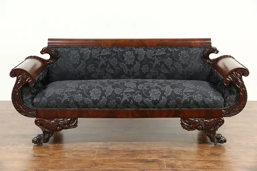 Main image of Empire 1825 Antique Mahogany Sofa, Carved Acanthus & Paw Feet, New Upholstery