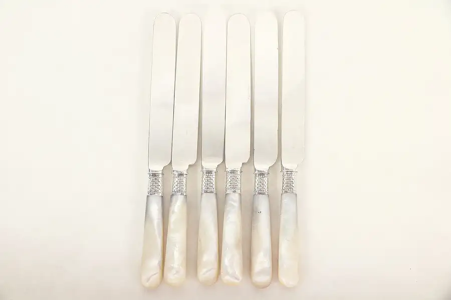 Main image of Set 6 Antique Pearl & Silver Plate Knives, Signed England