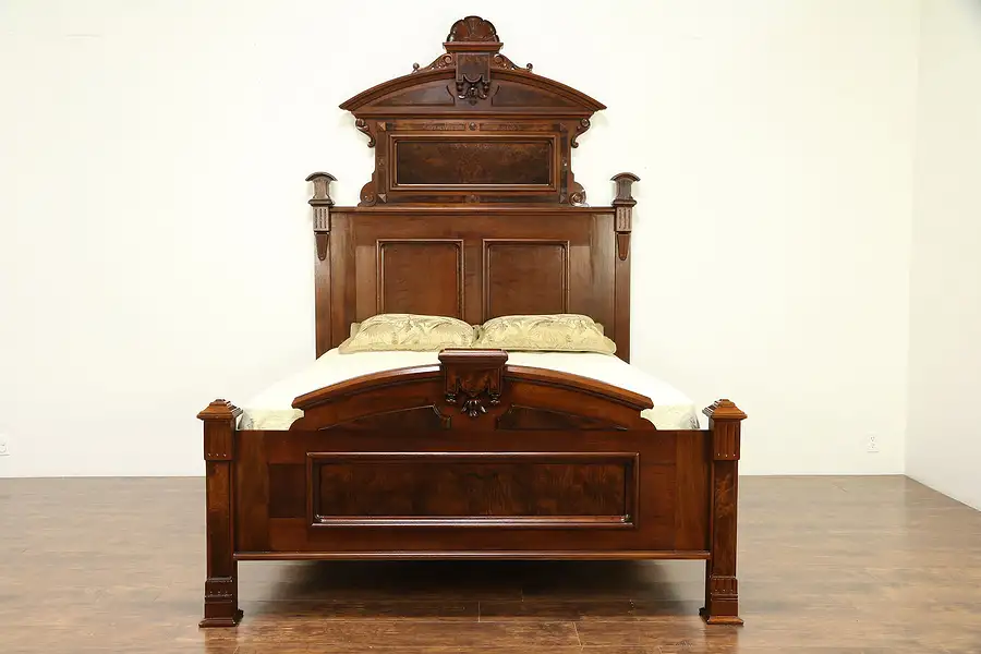 Main image of Victorian Renaissance Antique Carved Walnut & Burl Queen Size Bed