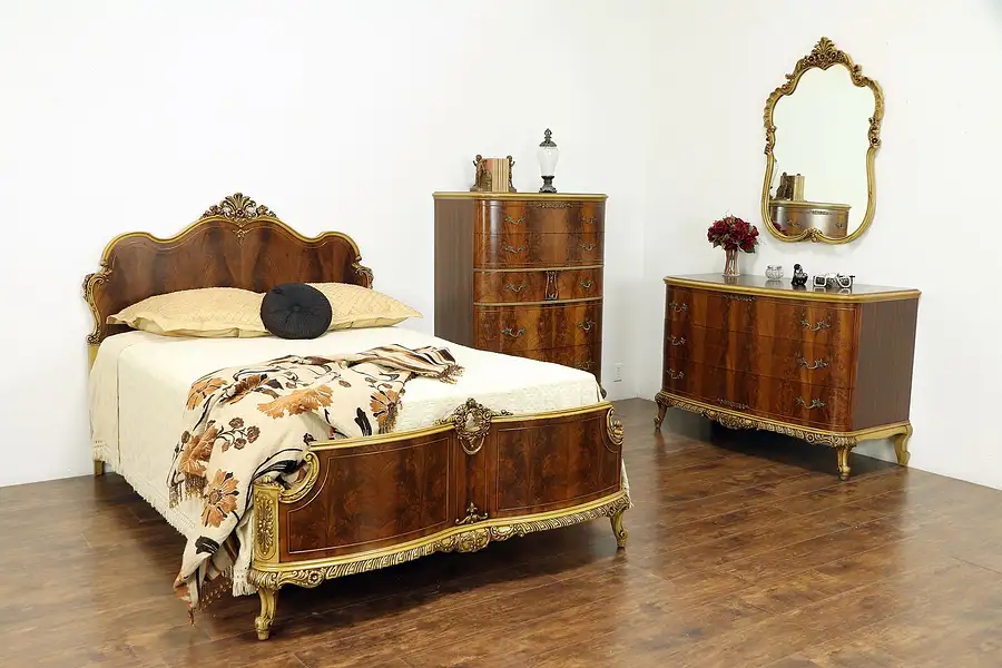 Main image of French Style Vintage 4Pc Carved Painted Bedroom Set, Full Size Bed