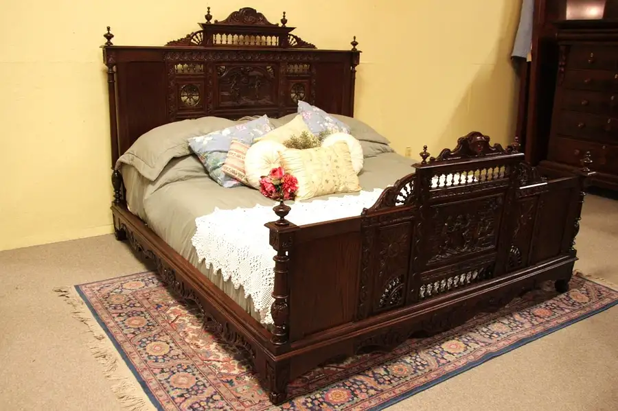 Main image of Brittany Antique King Size Bed with Carved Scenes