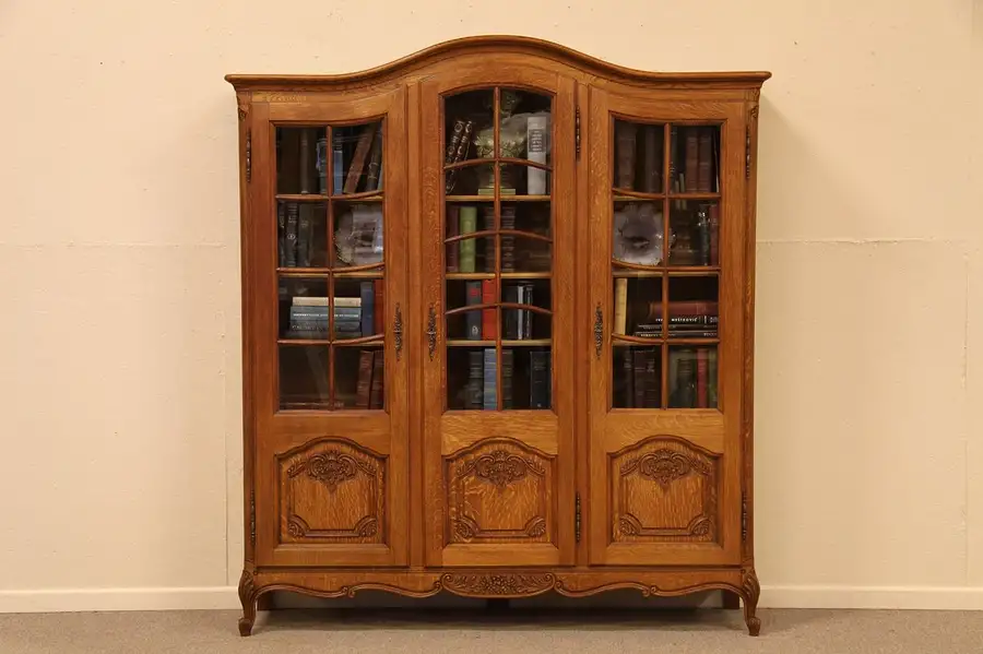 Main image of Country French Carved Oak 3 Door Bookcase