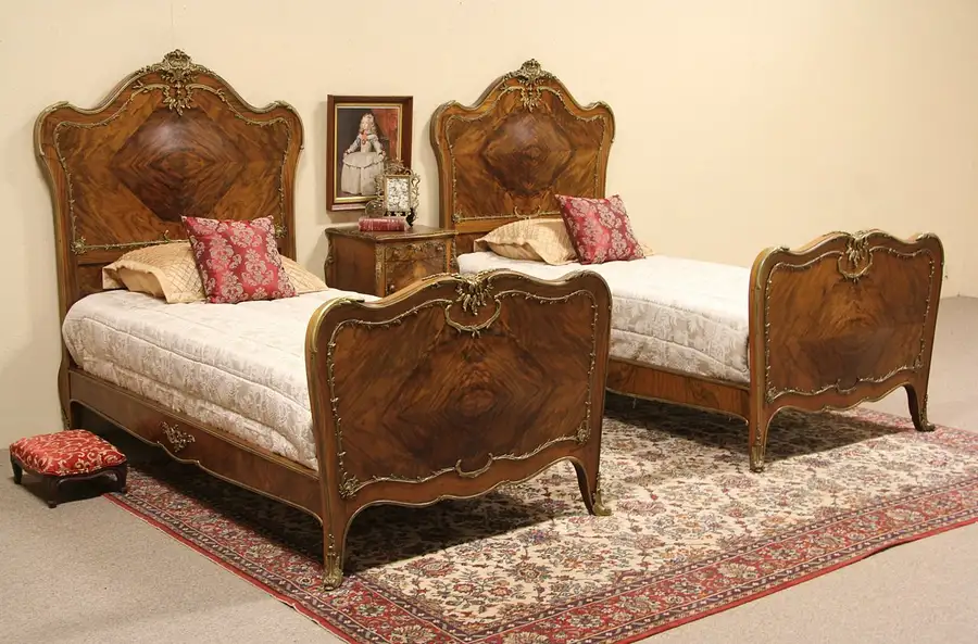 Main image of French Bombe Bedroom Set, 2 Twin Bed & Nightstand, Bronze Mounts