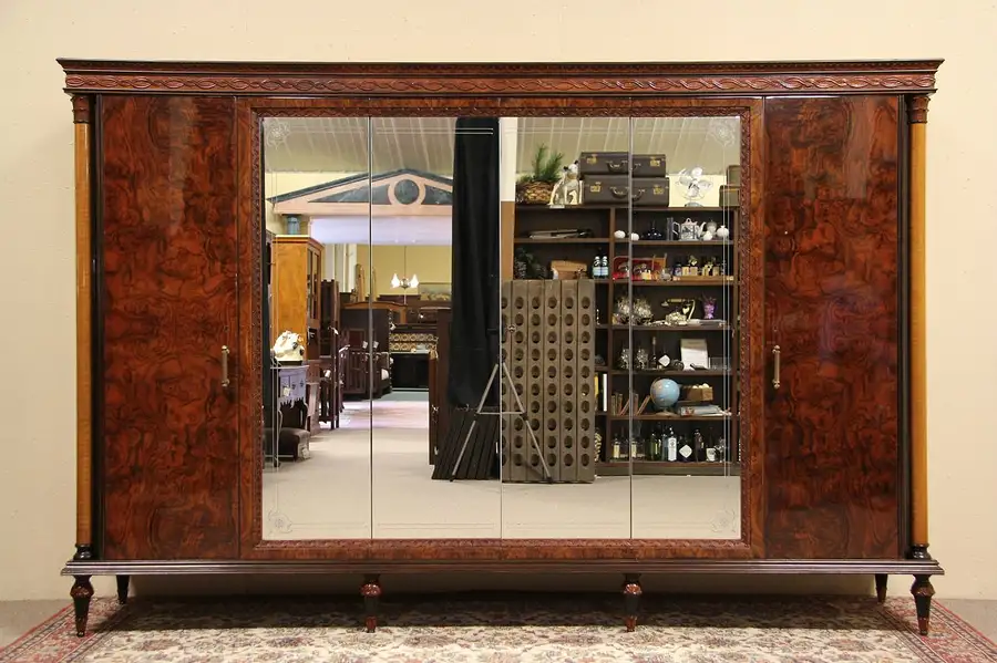 Main image of Italian 1950's Carved Art Deco 6 Door 9' 9" Armoire or Wardrobe