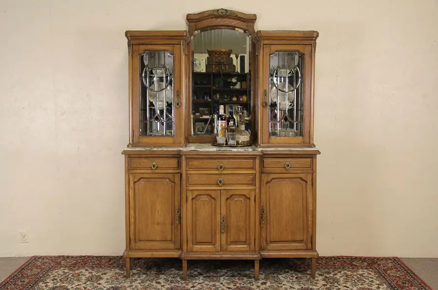 Main image of French Antique 1910 Oak China Cabinet, Back Bar or Server, Leaded Glass