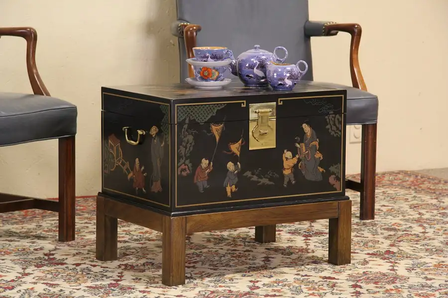 Main image of Drexel Chinese Hand Painted Lacquer Box & Stand, Coffee or Cocktail Table
