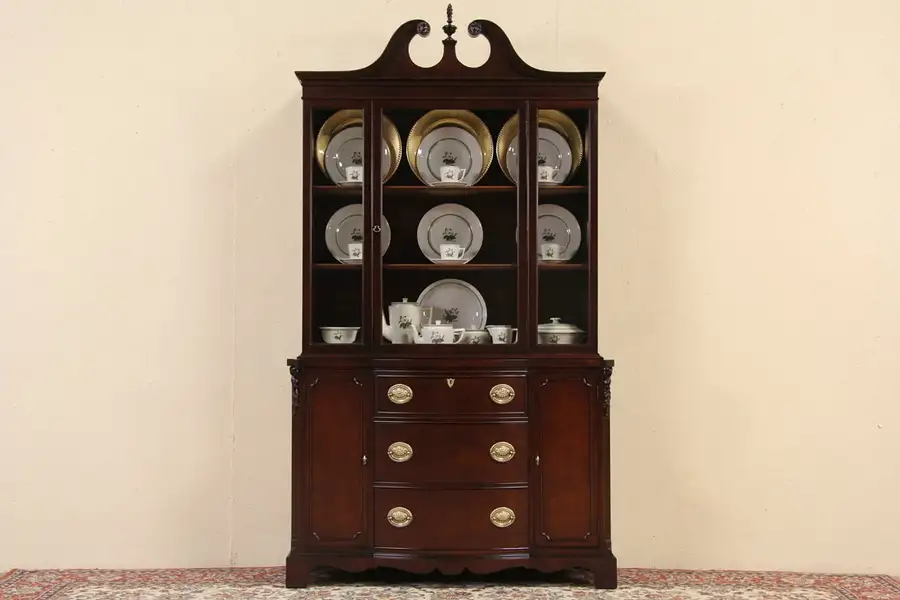 Main image of Mahogany Traditional 1940's Vintage Breakfront China Display Cabinet