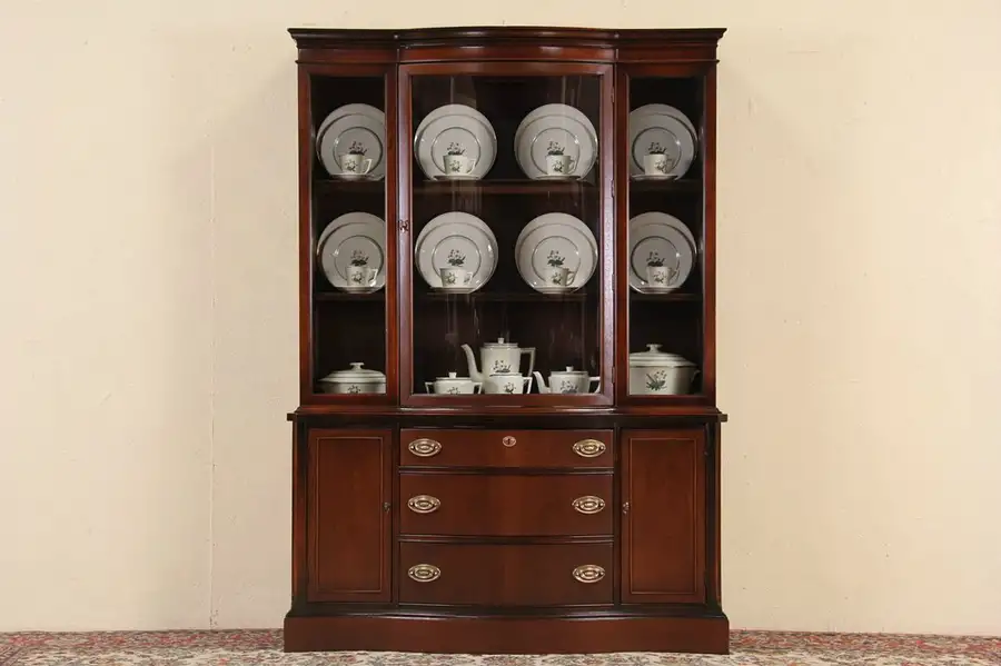 Main image of Traditional Curved Glass Bassett Vintage Breakfront China Cabinet