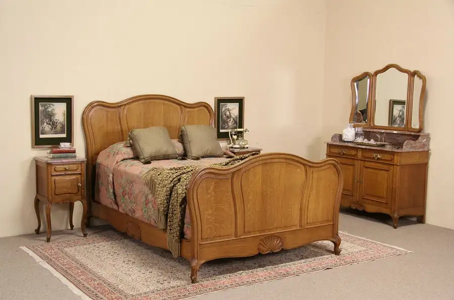 Main image of Country French Oak 1900 Antique Double Size 4 Pc. Bedroom Set, Marble Tops