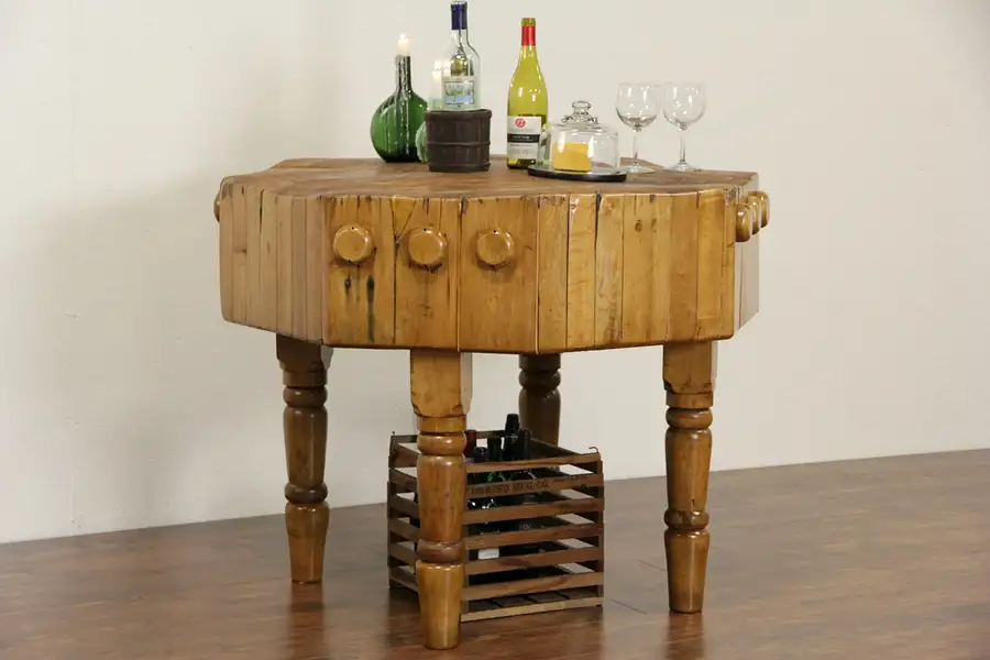 Main image of Maple Butcher Octagon 1900 Antique Chopping Block Kitchen Island Wine Table