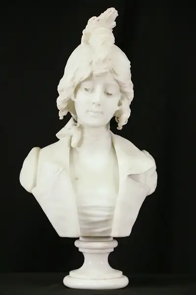 Main image of Marble Bust of A Young Woman, Signed Piazza, 1890's Antique Sculpture