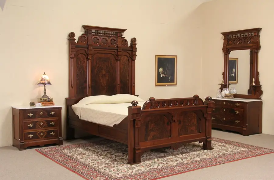 Main image of Victorian Queen Size 3 Pc. Antique 1880 Walnut Bedroom Set