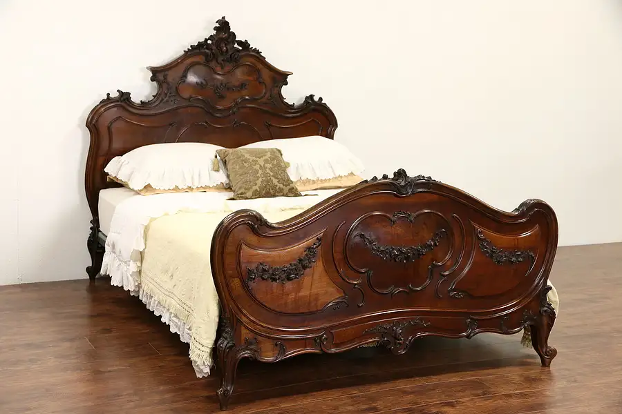 Main image of French Rococo 1890 Antique Carved Walnut Queen Size Bed