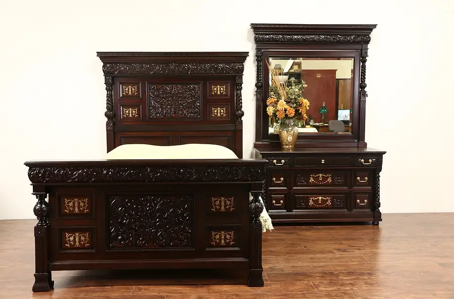 Main image of Queen Size 1890 Antique 2 Pc. Carved Bedroom Set, Inlaid Bronze & Pearl