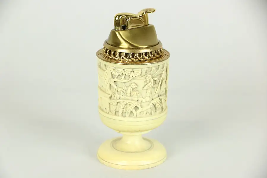 Main image of Cigarette Lighter, Tabletop Hand Carved Bone, Brass Lighter Signed Evans