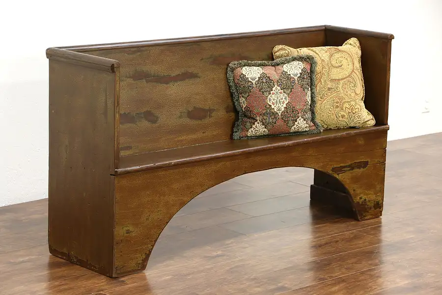 Main image of Country Pine Antique Primitive Hall Bench, Worn Old Paint