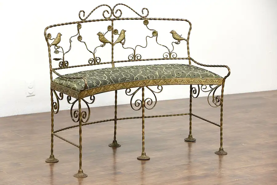 Main image of Curved Antique Wrought Iron Bench with Birds, Newly Upholstered